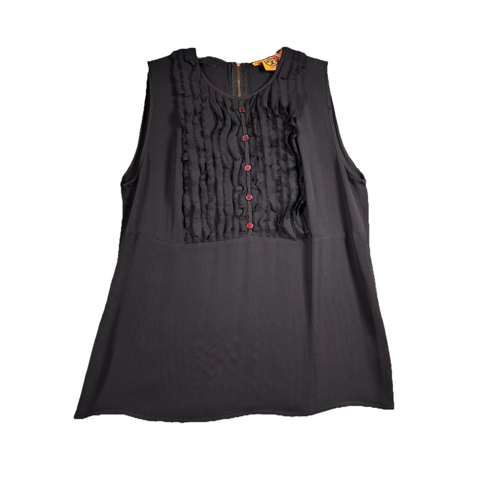 Tory Burch Silk Sleeveless Button Down Ruffle Blouse sz 8 Black‎
